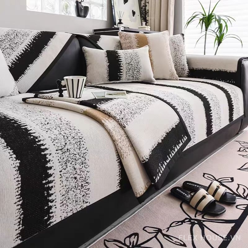 Tấm phủ sofa Chenille sắc đen trắng thanh lịch PJ4573 Tấm phủ sofa Chenille sắc đen trắng thanh lịch PJ4573