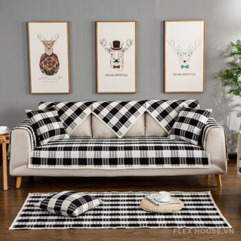 Tấm phủ sofa cotton kẻ caro đen trắng hiện đại PJ0117