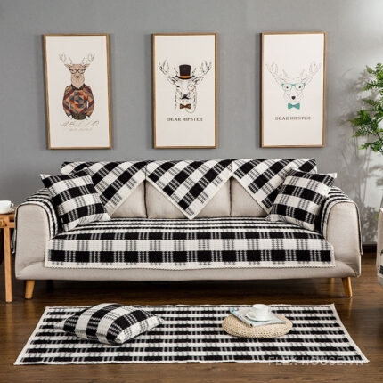 Tấm phủ sofa cotton kẻ caro đen trắng hiện đại PJ0117