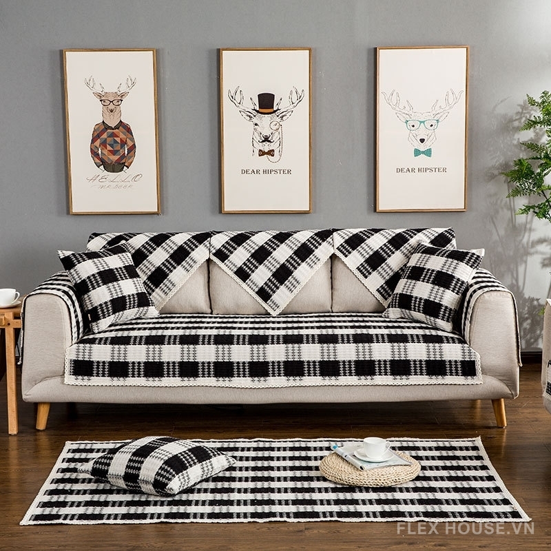 Tấm phủ sofa cotton kẻ caro đen trắng hiện đại PJ0117