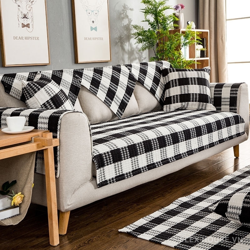 Tấm phủ sofa cotton kẻ caro đen trắng hiện đại PJ0117 70