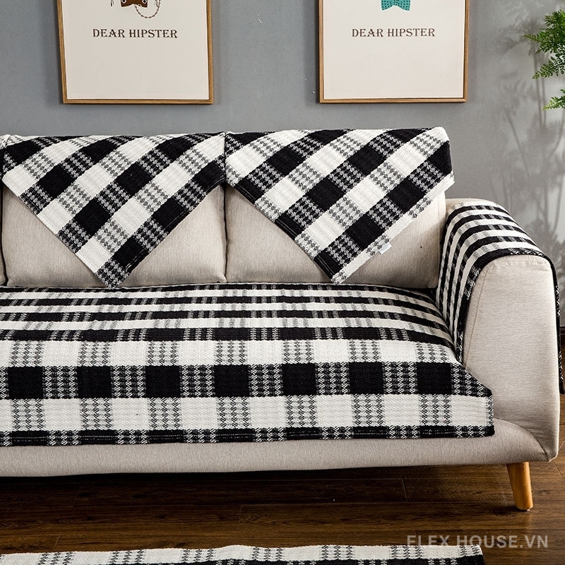 Tấm phủ sofa cotton kẻ caro đen trắng hiện đại PJ0117 71