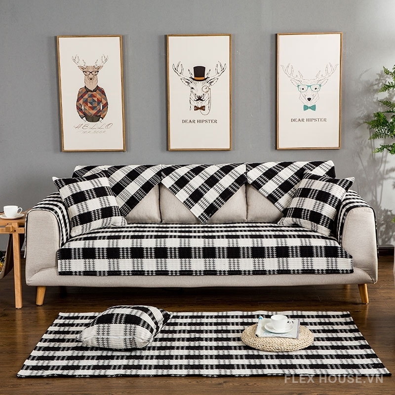 Tấm phủ sofa cotton kẻ caro đen trắng hiện đại PJ0117