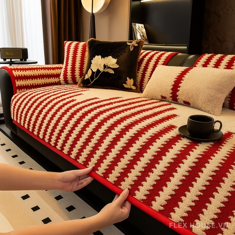 Tấm phủ sofa vải Chenille họa tiết răng cưa PJ3126