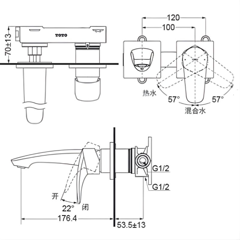Vòi chậu lavabo gắn tường 2 lỗ TOTO TLG09307BB 3 Vòi chậu lavabo gắn tường TOTO TLG09307BB