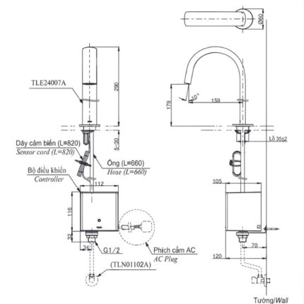 Vòi chậu rửa mặt tự động cổ cao TOTO TLE24007A