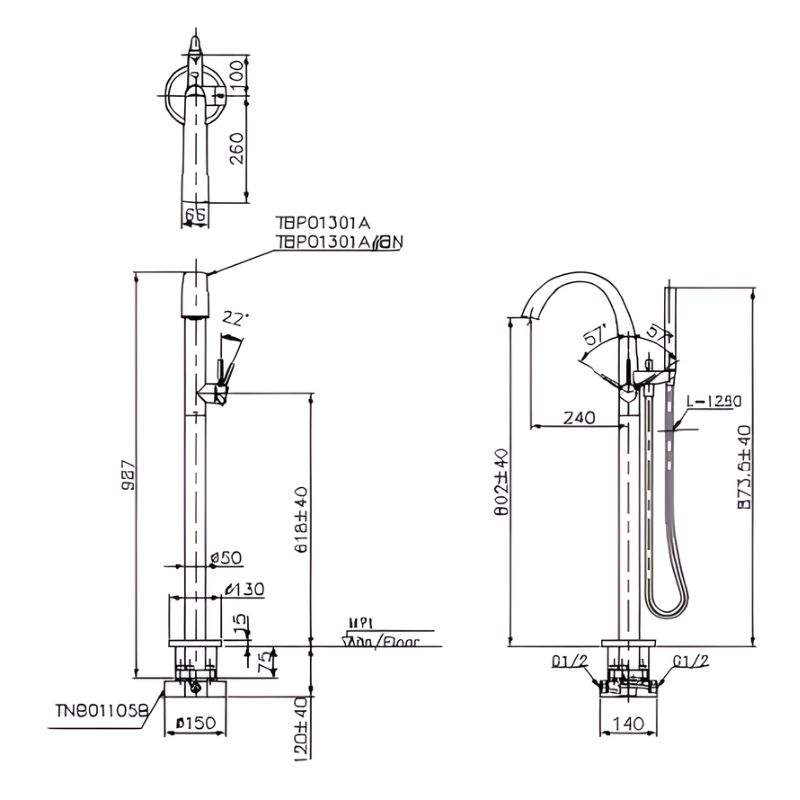 Vòi xả bồn tắm Matsu đặt sàn kèm đế TOTO TBP01301AA 2 Vòi xả bồn tắm Matsu đặt sàn kèm đế TOTO TBP01301AA