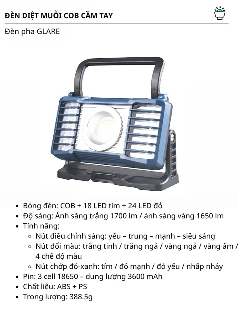 Đèn diệt muỗi chiếu sáng COB sạc USB chống nước H4592