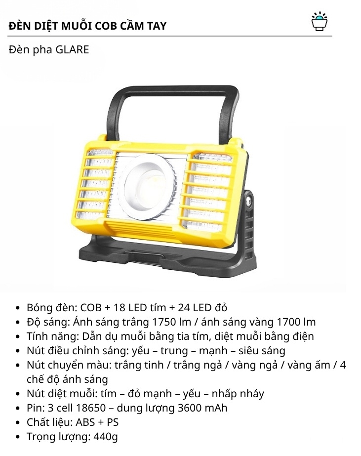 Đèn diệt muỗi chiếu sáng COB sạc USB chống nước H4592