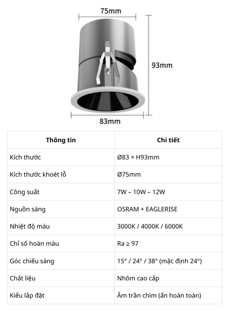 Đèn Spotlight âm trần viền hẹp chống chói XN0273 3 Kích thước đèn Spotlight XN0273