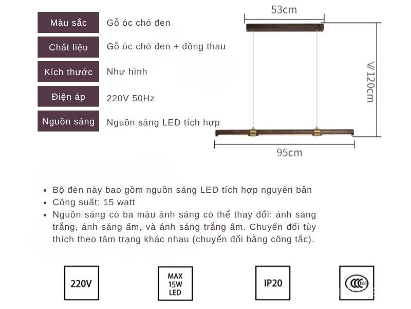 Đèn thả bàn ăn hiện đại gỗ óc chó Bắc Âu DX7862