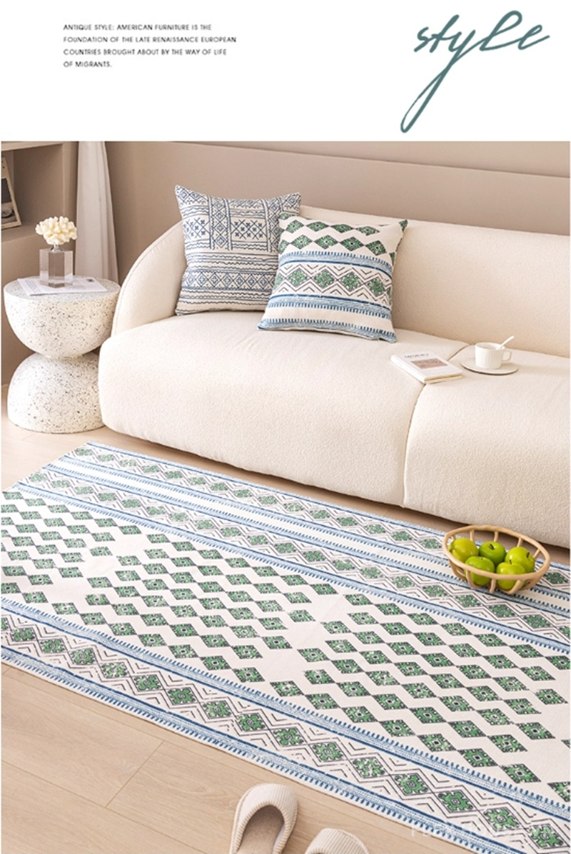 Thảm cotton linen họa tiết hình thoi xanh XF2299 1 Thảm cotton linen họa tiết hình thoi xanh XF2299