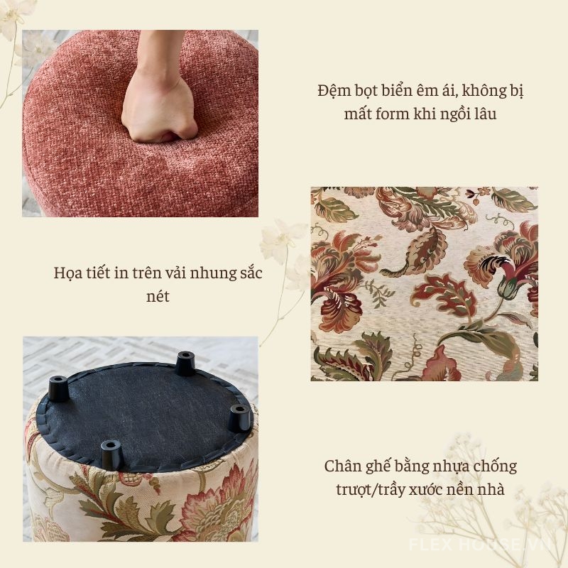 Ghế đôn họa tiết hoa văn phong cách Vintage MK6683 3 Ghế đôn sofa họa tiết hoa trang trí phòng khách MK6683