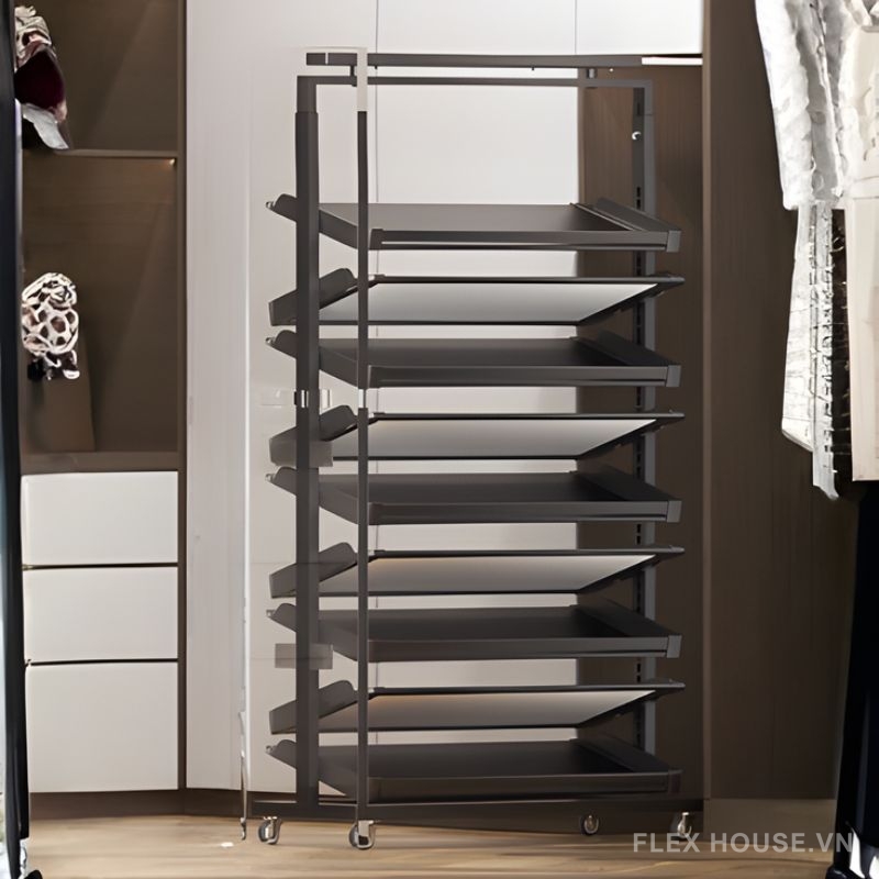 Kệ để giày 2 chiều 8 tầng âm tủ gắn cánh có bánh xe YHF2518 (6) Giá để giày âm tủ có bánh xe độc lập 2 chiều 9 tầng YHF2519 1