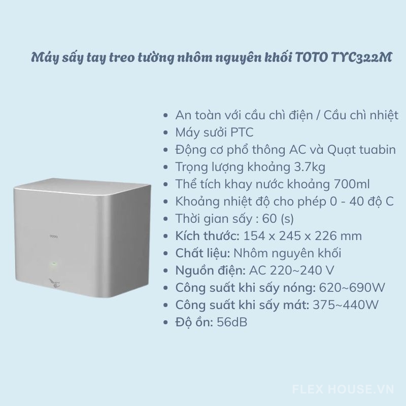 Máy sấy tay treo tường nhôm nguyên khối TOTO TYC322M