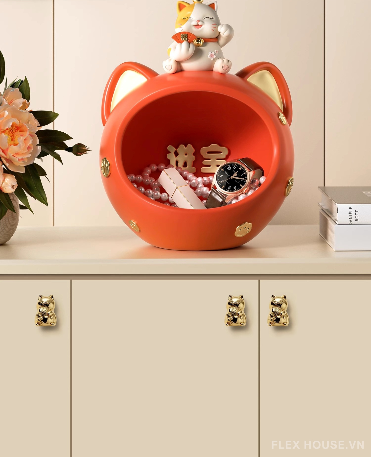 Núm tay nắm tủ mèo thần tài may mắn bằng đồng JYJ5756 7