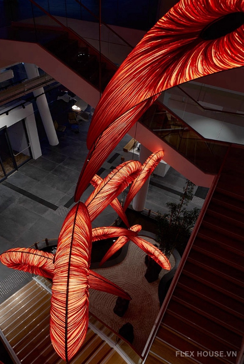 Đèn thả trần nghệ thuật lá lụa đỏ QM8254