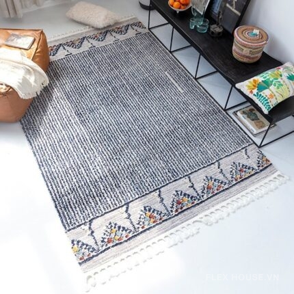 Thảm Ma-rốc sọc xanh chàm viền hoa văn mosaic XF5383