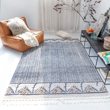 Thảm Ma-rốc sọc xanh chàm viền hoa văn mosaic XF5383