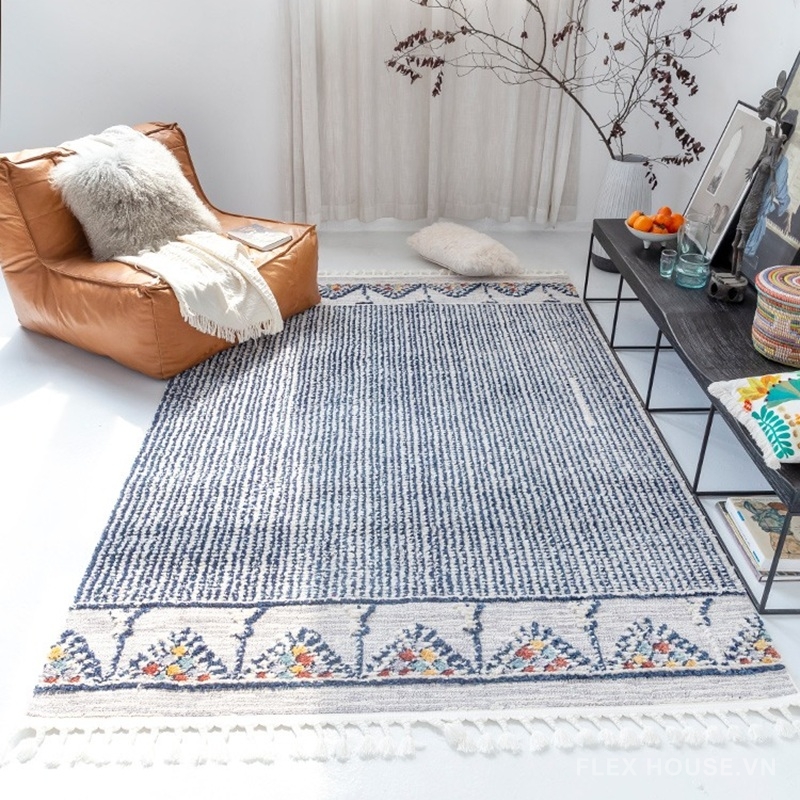 tham-ma-roc-soc-xanh-cham-vien-hoa-van-mosaic-xf5383 Thảm Ma-rốc sọc xanh chàm viền hoa văn mosaic XF5383