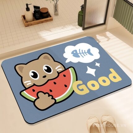 Thảm trang trí nhà tắm hình mèo ăn dưa hấu XF1649