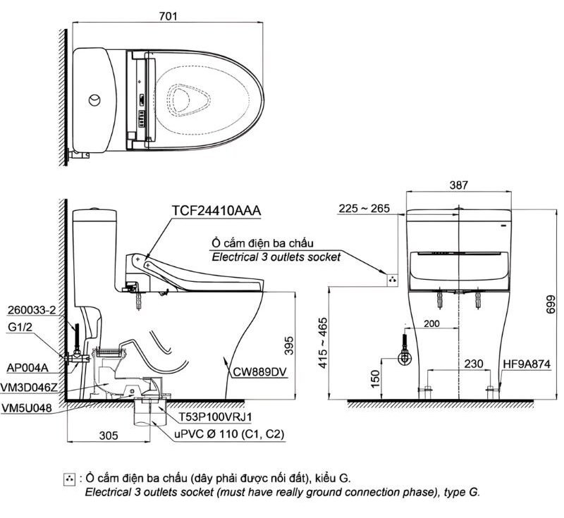 Bồn cầu 1 khối men sứ nắp rửa điện tử TOTO MS889DRW14 3 Bồn cầu 1 khối men sứ nắp rửa điện tử TOTO MS889DRW14