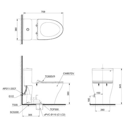 Bồn cầu 1 khối nhấn xả nắp đóng êm TOTO MS857DT2