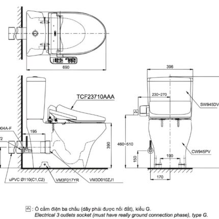 Bồn cầu 2 khối nắp rửa thông minh TOTO CS945PDW18