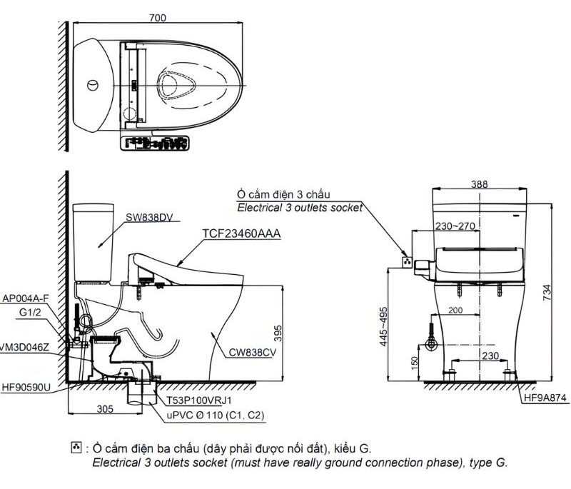 Bồn cầu nắp rửa điện tử 2 khối TOTO CS838CDW17 3 Bồn cầu nắp rửa điện tử 2 khối TOTO CS838CDW17 1