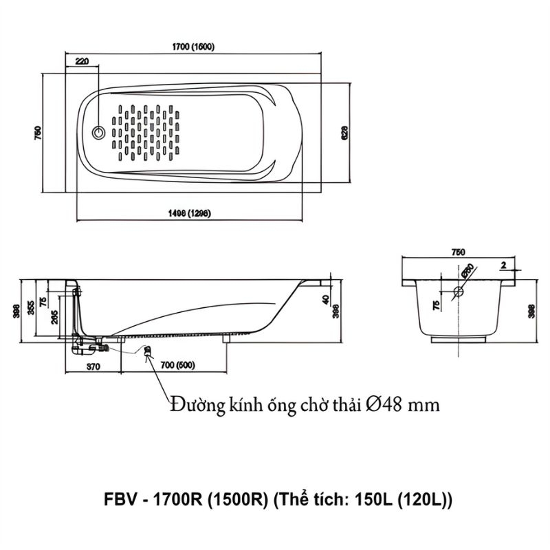 Bồn tắm xây ocean INAX FBV-1500R 2 Bồn tắm xây ocean INAX FBV-1500R