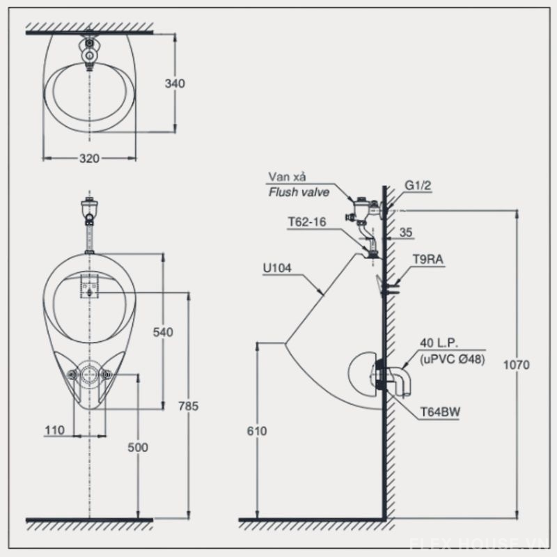 Bồn tiểu nam treo tường cao cấp TOTO U104W/F 4 Bồn tiểu nam treo tường cao cấp TOTO U104W/F