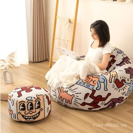 Sofa lười hạt xốp họa tiết nghệ thuật DF4418