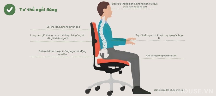 Tư thế ngồi đúng khi làm việc máy tính và cách chọn ghế văn phòng phù hợp 13 Ngồi đúng giúp cột sống được nâng đỡ tự nhiên, giảm áp lực lên cổ, lưng và vai. Khi tư thế chuẩn, cơ thể sẽ thoải mái hơn dù phải làm việc trong thời gian dài.