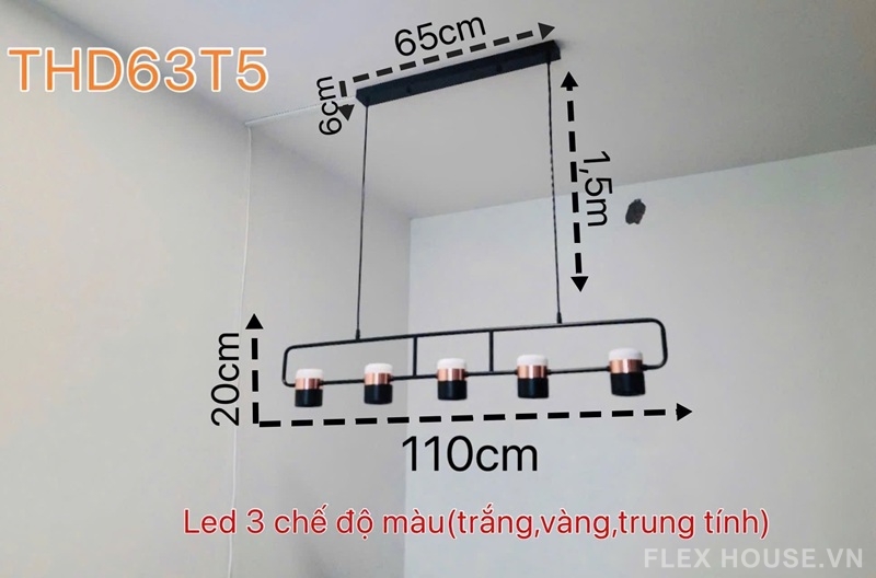 Đèn thả bàn ăn 5 bóng thanh ngang hiện đại THD63N5 2 Đèn thả bàn ăn 5 bóng thanh ngang hiện đại THD63N5