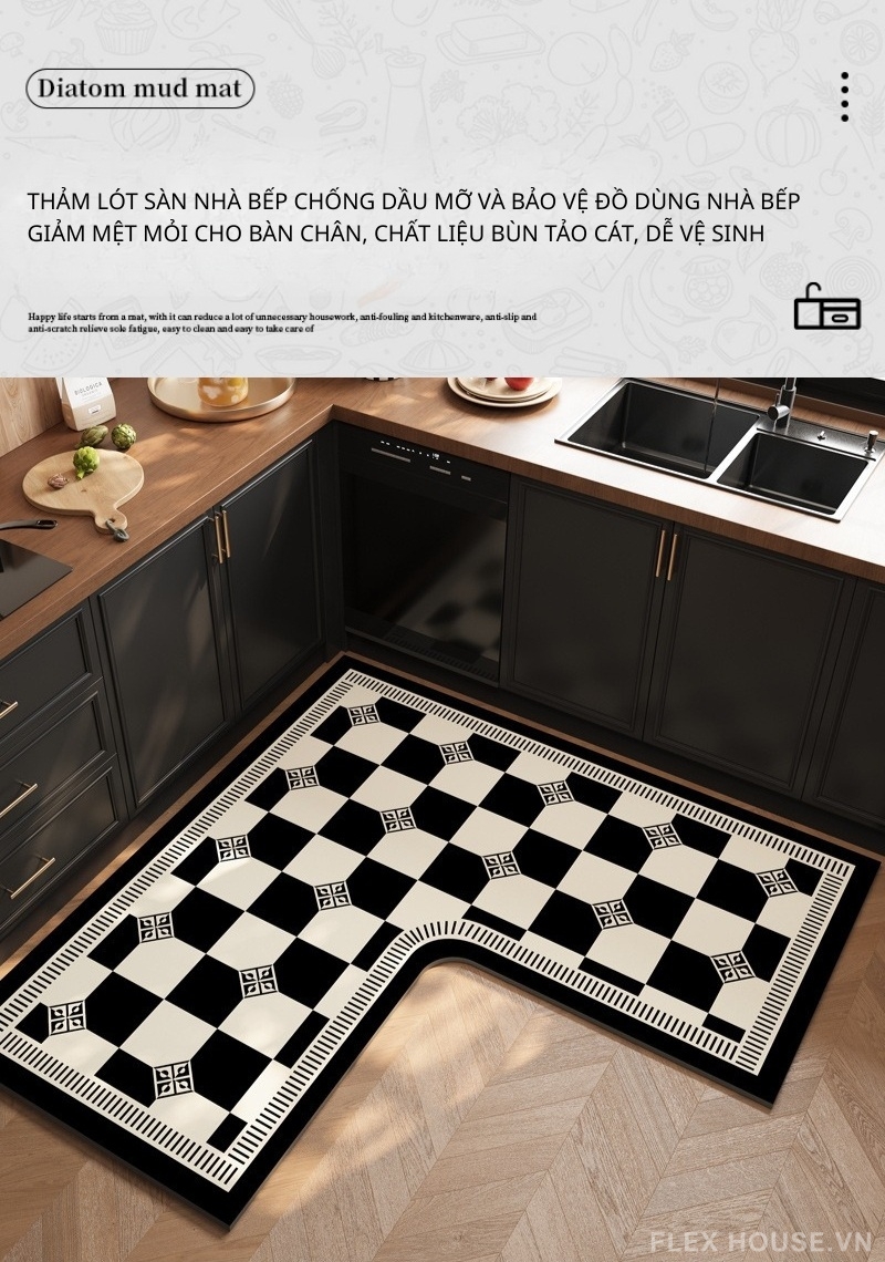 Thảm bếp chữ L chống lún hoa văn caro cổ điển JX1717 1 Thảm bếp chữ L chống lún hoa văn caro cổ điển JX1717