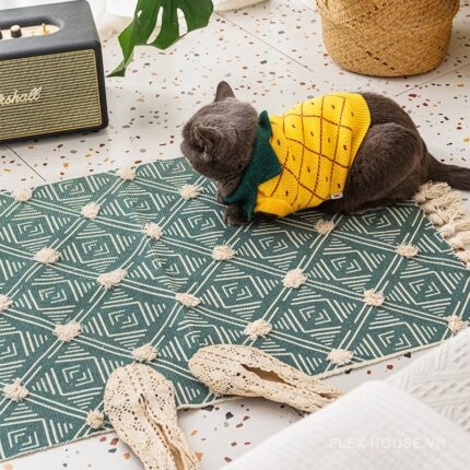 Thảm dệt cotton lanh hình học lặp tua rua Boho XF3892.01