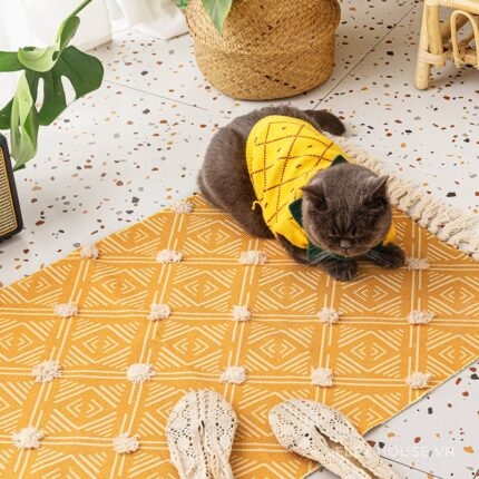 Thảm dệt cotton lanh hình học lặp tua rua Boho XF3892.02