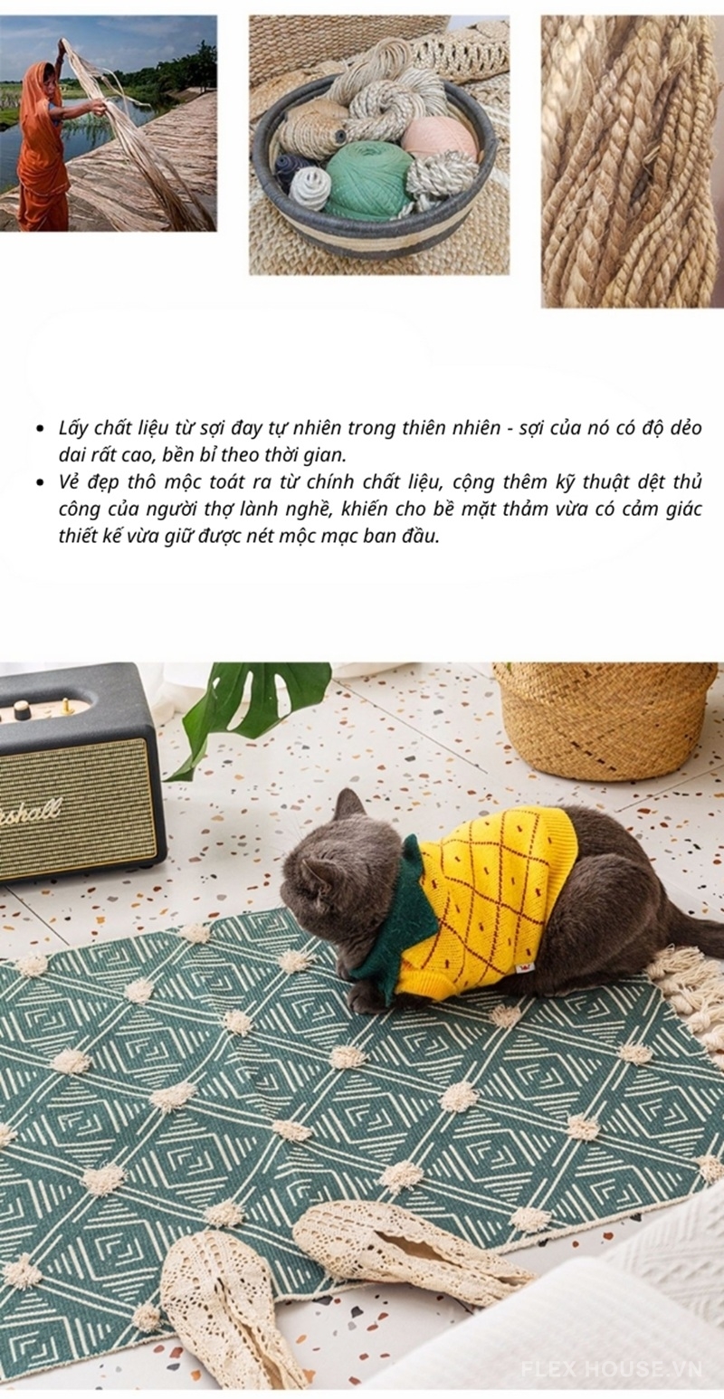 Thảm dệt cotton lanh hình học lặp tua rua Boho XF3892 2 Thảm dệt cotton lanh hình học lặp tua rua Boho XF3892