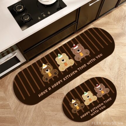 Thảm nhà bếp chống trượt hình 3 chú gấu sọc nâu JX8559