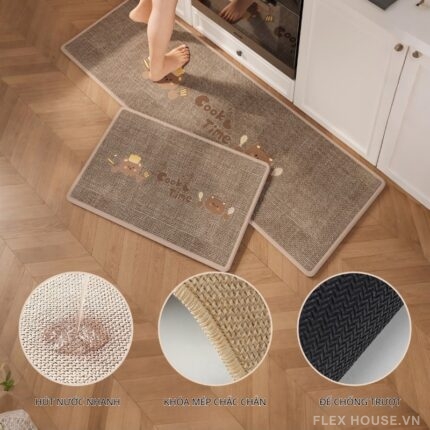 Thảm vải lanh dệt kim hình gấu nhỏ Cooking Time QZ8221