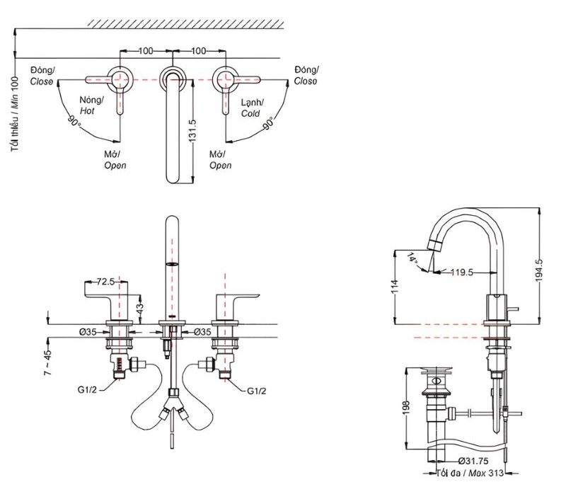 Vòi lavabo tay vặn đặt bàn 3 lỗ LB TOTO TLS01201BA 2 Vòi lavabo tay vặn đặt bàn 3 lỗ LB TOTO TLS01201BA