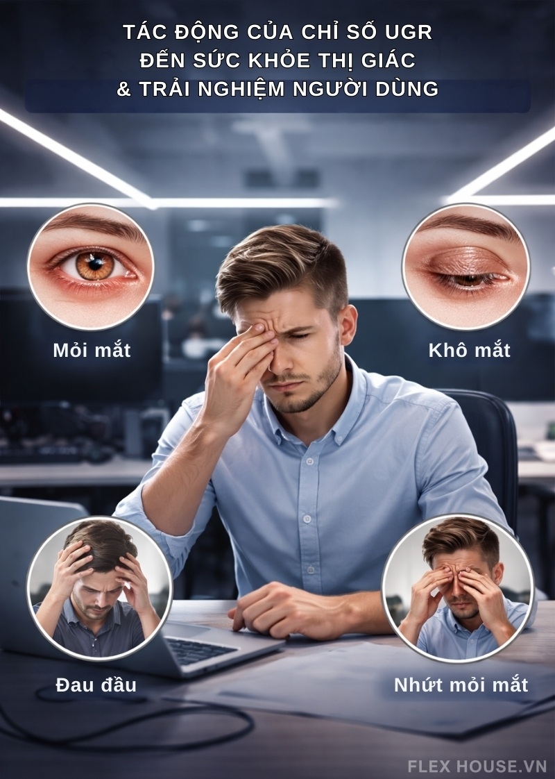 UGR là gì? Tìm hiểu về tiêu chuẩn chống chói của đèn 4 Minh họa các tác hại ánh sáng có chỉ số UGR cao gây mỏi mắt, khô mắt, đau đầu và giảm trải nghiệm thị giác trong không gian làm việc.