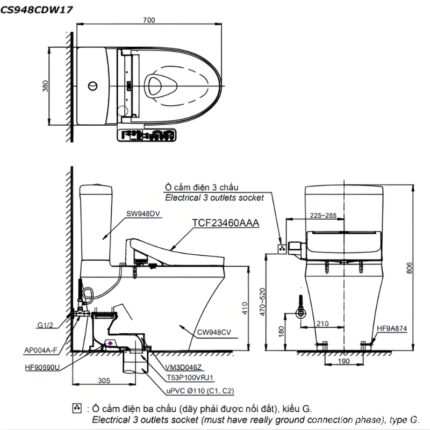 Bồn cầu 2 khối nắp rửa điện tử thân kín TOTO CS948CDW17