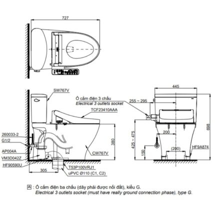 Bồn cầu nắp rửa điện tử men sứ 2 khối TOTO CS767RW18