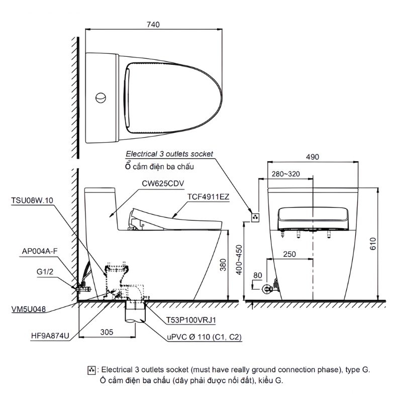 Bồn cầu 2 khối nắp rửa tự động tiện lợi TOTO MS625CDW12 2 Bồn cầu 2 khối nắp rửa tự động tiện lợi TOTO MS625CDW12 4