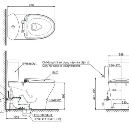 Bồn cầu 2 khối nắp rửa điện tử giấu dây TOTO CS838CDW23