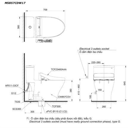 Bồn cầu vành kín nắp rửa điện tử liền khối TOTO MS857CDW17