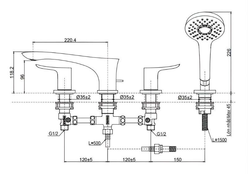 Vòi xả bồn tắm nóng lạnh kèm tay sen TOTO TBG01202BB 2 Vòi xả bồn tắm nóng lạnh kèm tay sen TOTO TBG01202BB