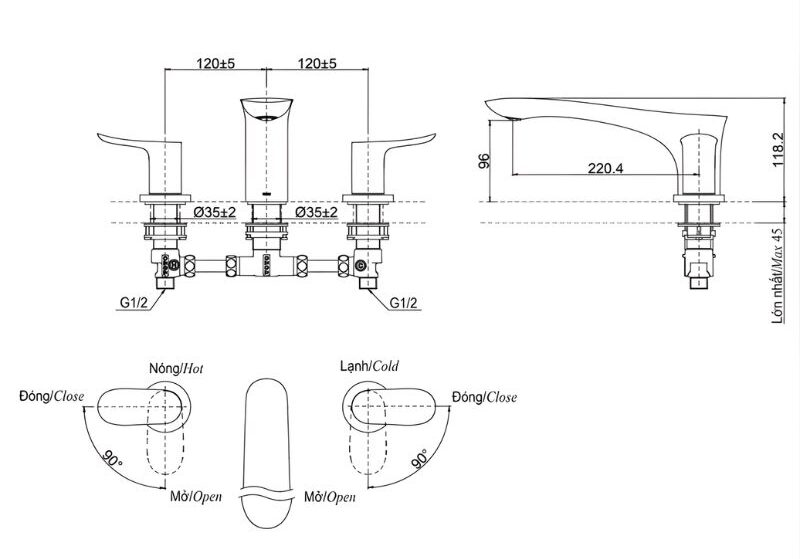 Vòi xả nước bồn tắm nóng lạnh 3 lỗ TOTO TBG01201BA 4 Vòi xả nước bồn tắm nóng lạnh 3 lỗ TOTO TBG01201BA 2