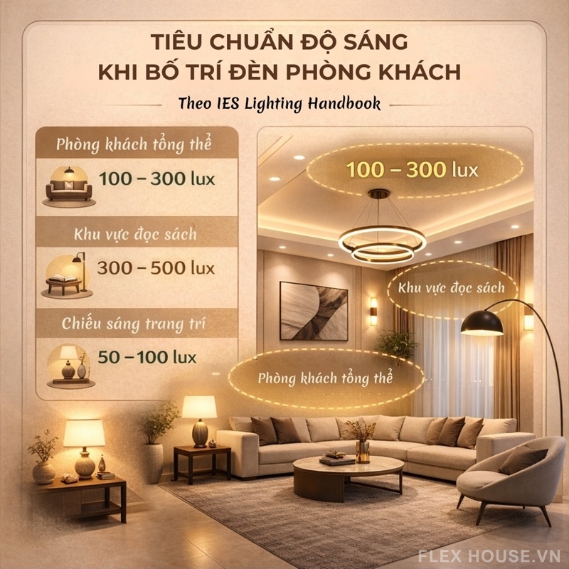 Bố trí đèn phòng khách: Nguyên tắc thiết kế chiếu sáng khoa học cho không gian sống hiện đại 2 Tiêu chuẩn độ sáng khi bố trí đèn phòng khách